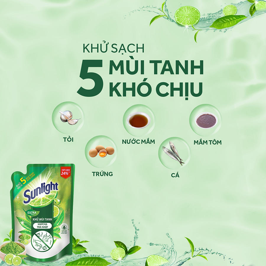 Nước Rửa Chén Sunlight Khử mùi tanh Matcha Trà Nhật túi 2.1kg