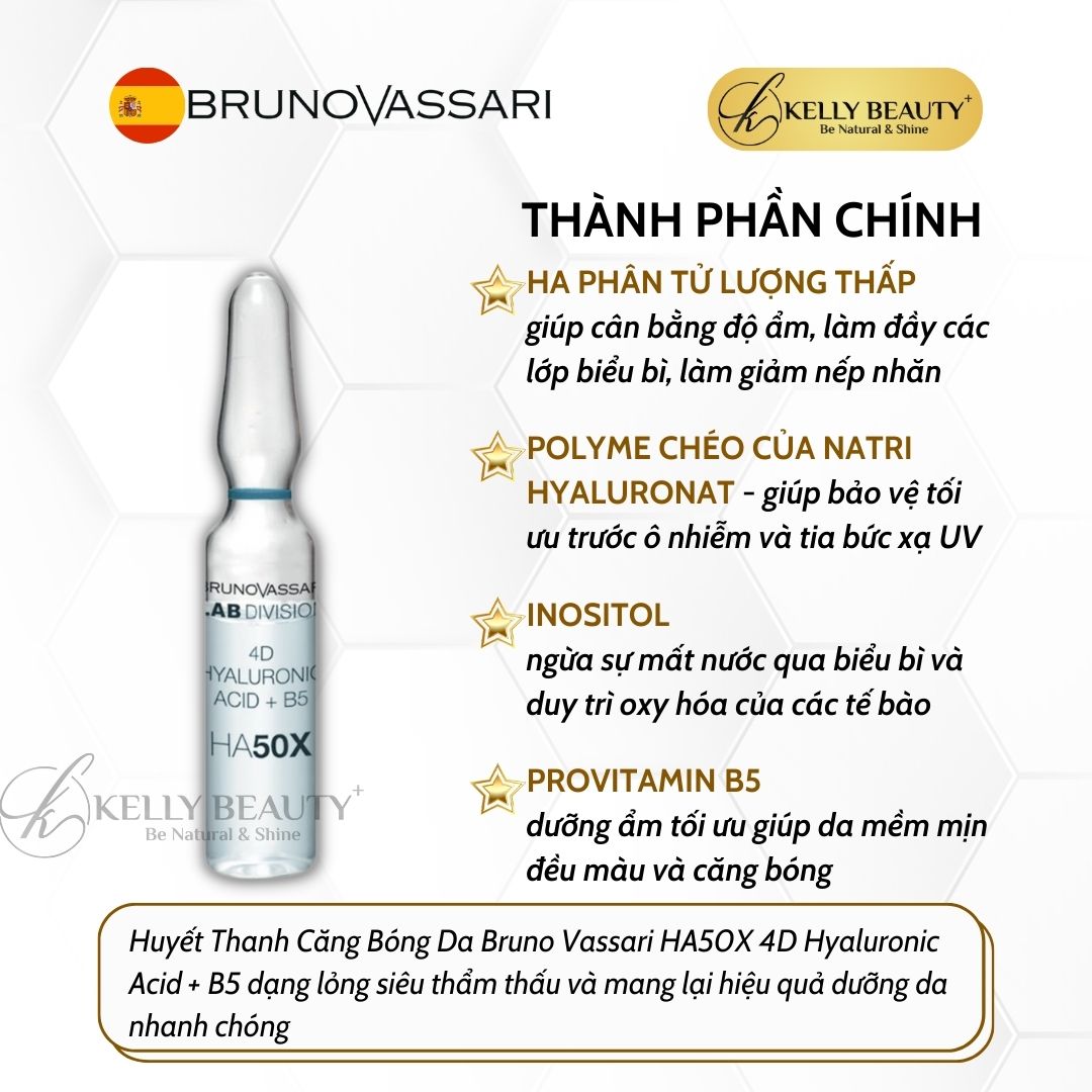 Huyết Thanh Căng Bóng Da Bruno Vassari HA50X 4D Hyaluronic Acid + B5 - Cấp Ẩm Đa Tầng, Săn Chắc Da - Kelly Beauty