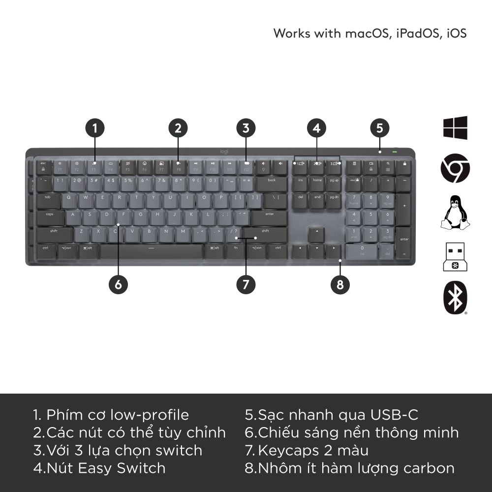 Bàn phím cơ văn phòng Logitech MX Mechanical FullSize Wireless/Bluetooth - Hàng Chính Hãng