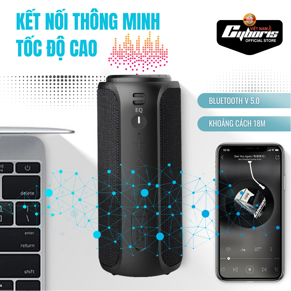 Loa Nghe Nhạc Bluetooth Cyboris S12, Loa siêu Bass, Công suất 30W, Chống nước IPX7, Pin 4000mAh. Hàng Chính Hãng