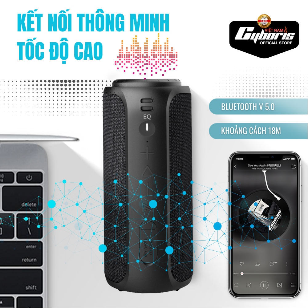 Loa Nghe Nhạc Bluetooth Cyboris S12, Loa siêu Bass, Công suất 30W, Chống nước IPX7, Pin 4000mAh. Hàng Chính Hãng.