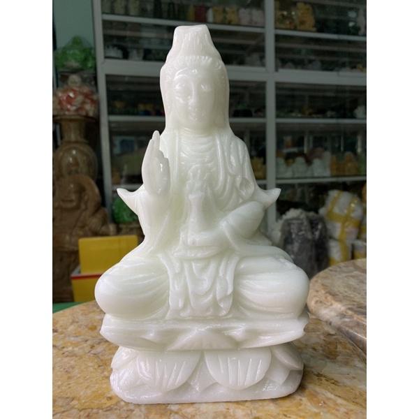 Tượng Phật Quan Thế Âm Ngồi Đá Cẩm Thạch Trắng - cao 25cm