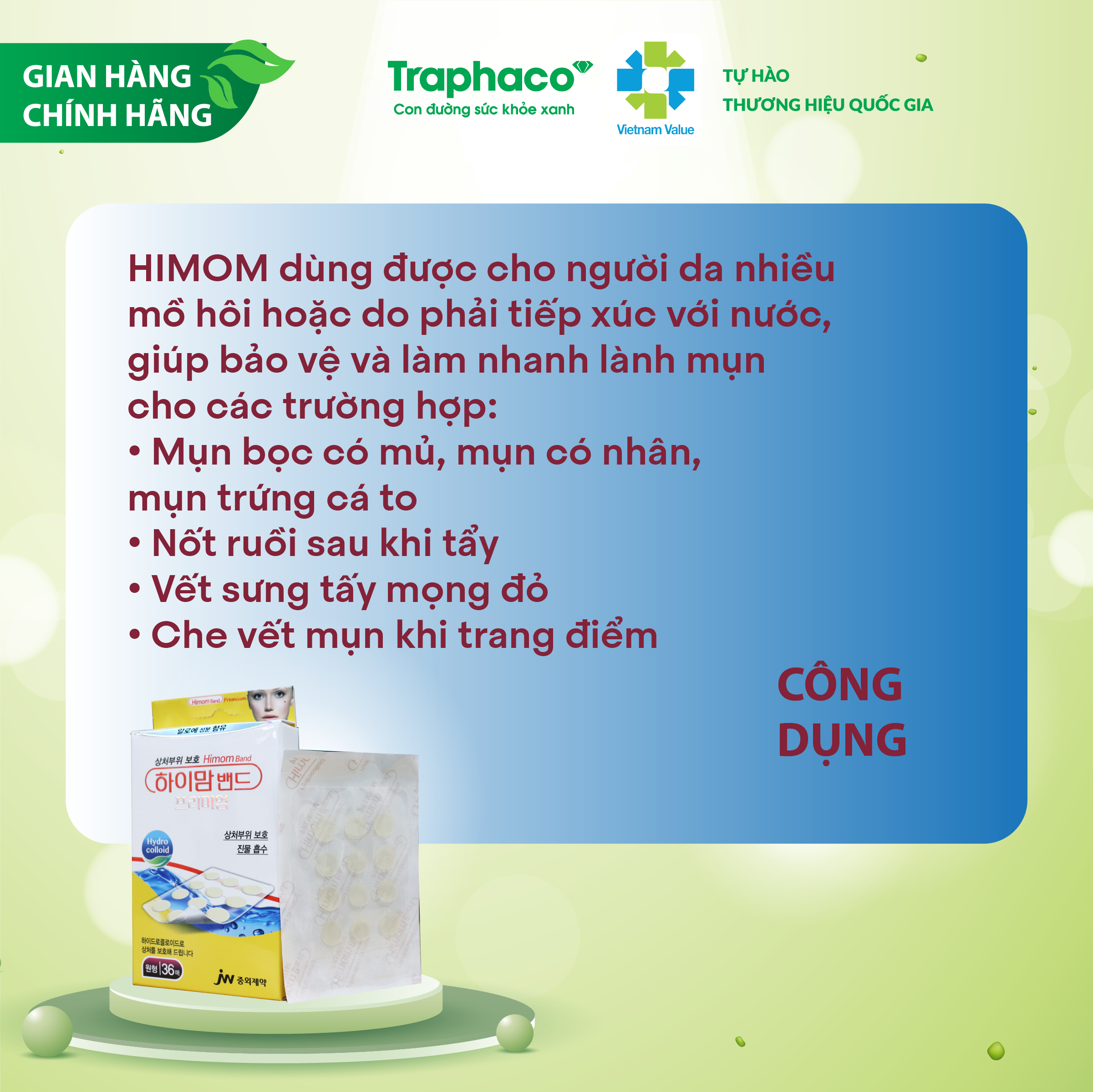 Dán Mụn Lô Hội Giảm Sưng Đỏ HIMOM SPOT JW Kháng Khuẩn, Kiểm Soát Dầu Giúp Da Xinh Vượt Trội Hộp 3 Vỉ x 12 Miếng x 1cm