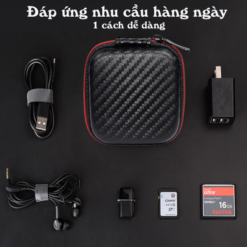 Hộp đựng tai nghe, cáp sạc Sợi Carbon Vuông cho phụ kiện di động (Có lưới bên trong) - Hàng chính hãng