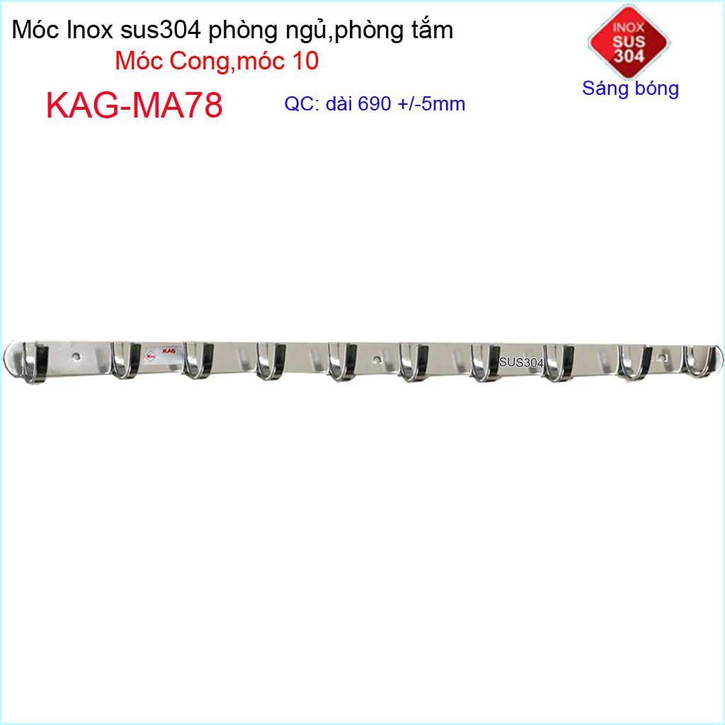 Móc cong treo quần áo inox 304 cao cấp dày, móc Kace 10 móc treo đồ nhà tắm KAG-MA78