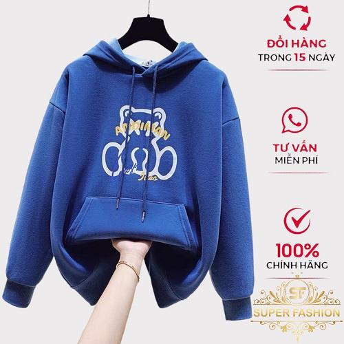 Hình ảnh Áo Hoodies Nữ Chui Đầu Có Nón FASHION Chất Nỉ Dày Mịn in Gấu Form Rộng Che Nắng Mặc Thoải Mái