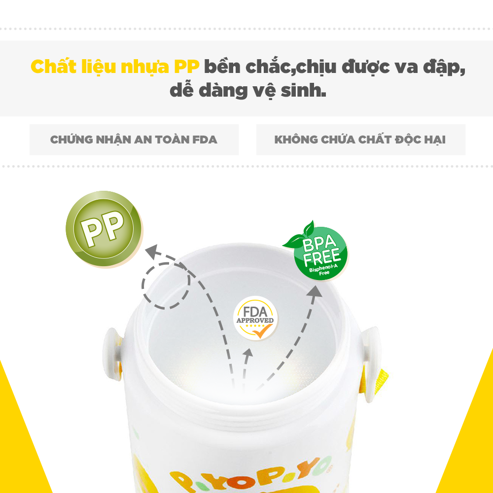 Bình giữ nhiệt cho bé đi học có dây đeo Piyo Piyo 420ml, bấm nút mở dễ, ống hút ngăn tràn