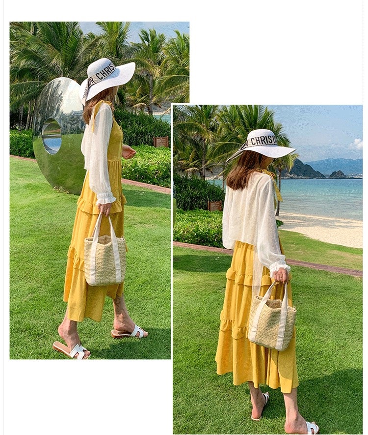 Hàng Quảng Châu - Đầm maxi boho 2 dây lưng thun phối bèo cao cấp siêu xinh - D110298