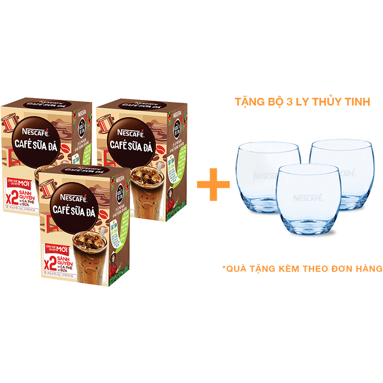 Combo 3 hộp cà phê hòa tan Nescafé cà phê sữa đá (Hộp 10 gói x 24g) - [Tặng bộ 3 ly thủy tinh]