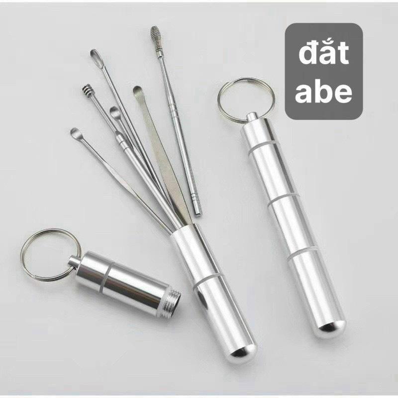 Bộ lấy ráy tai inox 6 món - bộ dụng cụ ngoáy tai có đèn thép không rỉ an toàn cho bé và gia đình