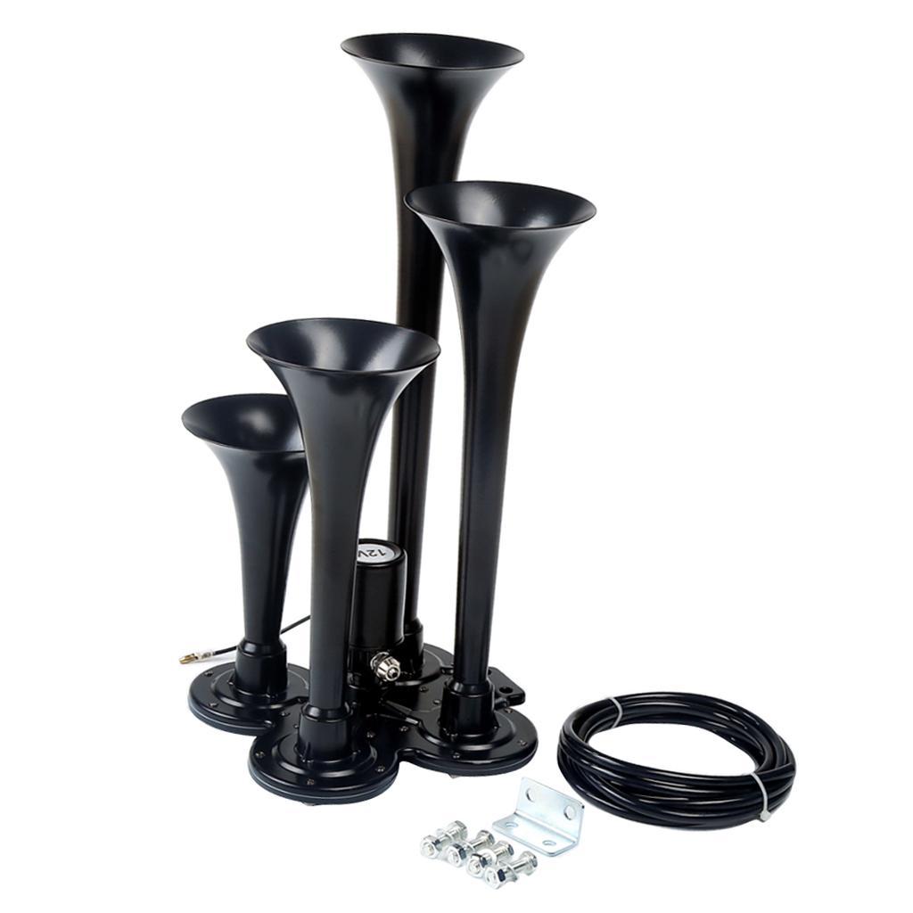Loud 150dB 4/Four Trumpet Train Air Horn With 12V Electric Solenoid Black