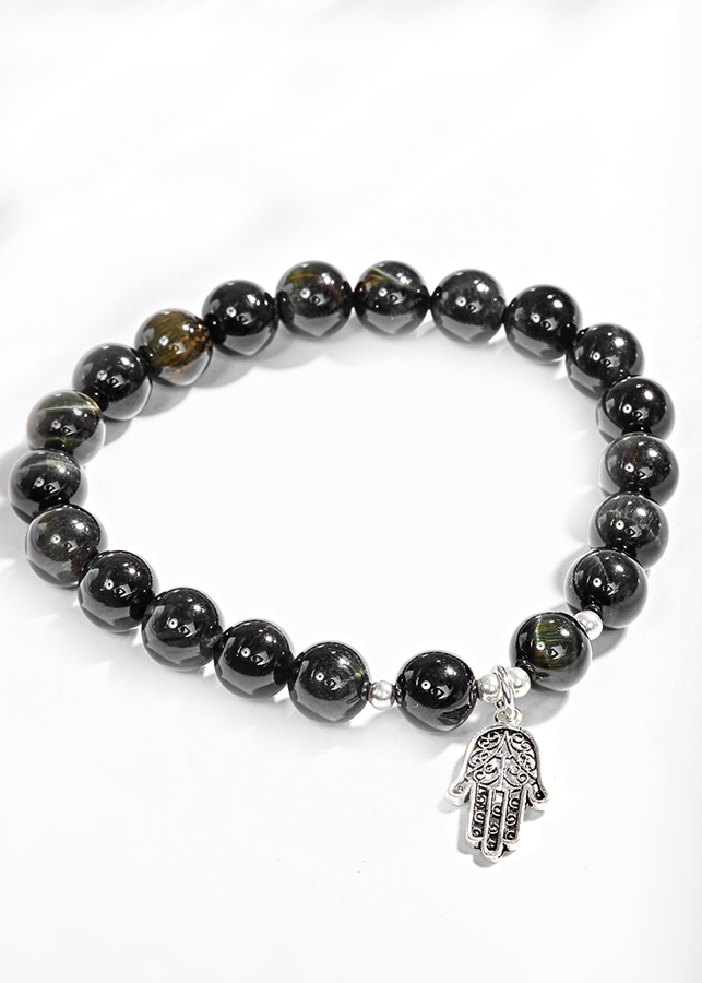 Vòng Tay Đá Mắt Hổ Xanh Đen Phối Bàn Tay Hamsa Bạc Ngọc Quý Gemstones