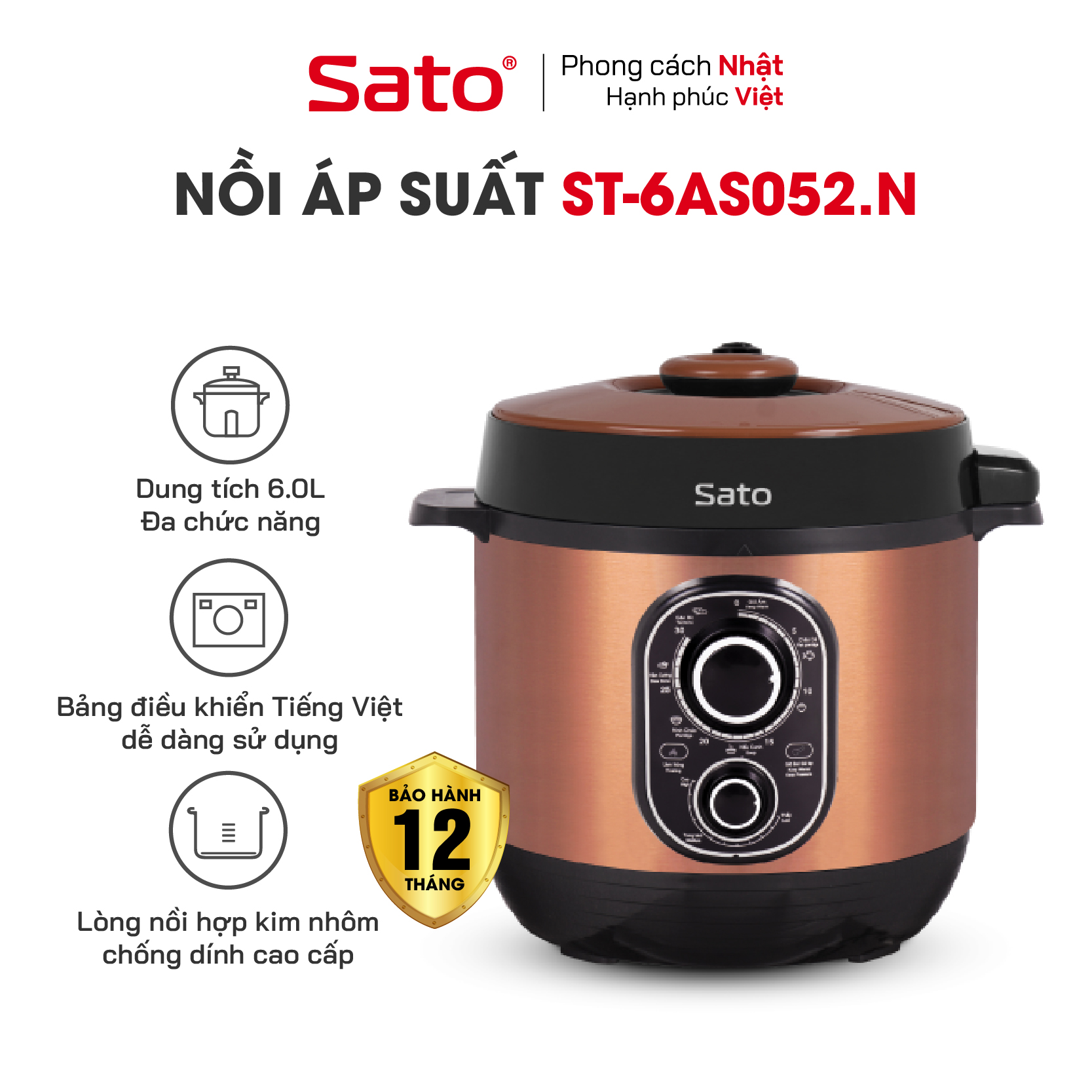 Nồi áp suất đa năng SATO 6AS052.N 6.0L - Nồi áp suất đa chức năng : nấu cơm, nấu cháo, hầm gân, ninh, súp, hấp, giữ ấm ...- Miễn phí vận chuyển toàn quốc - Hàng chính hãng