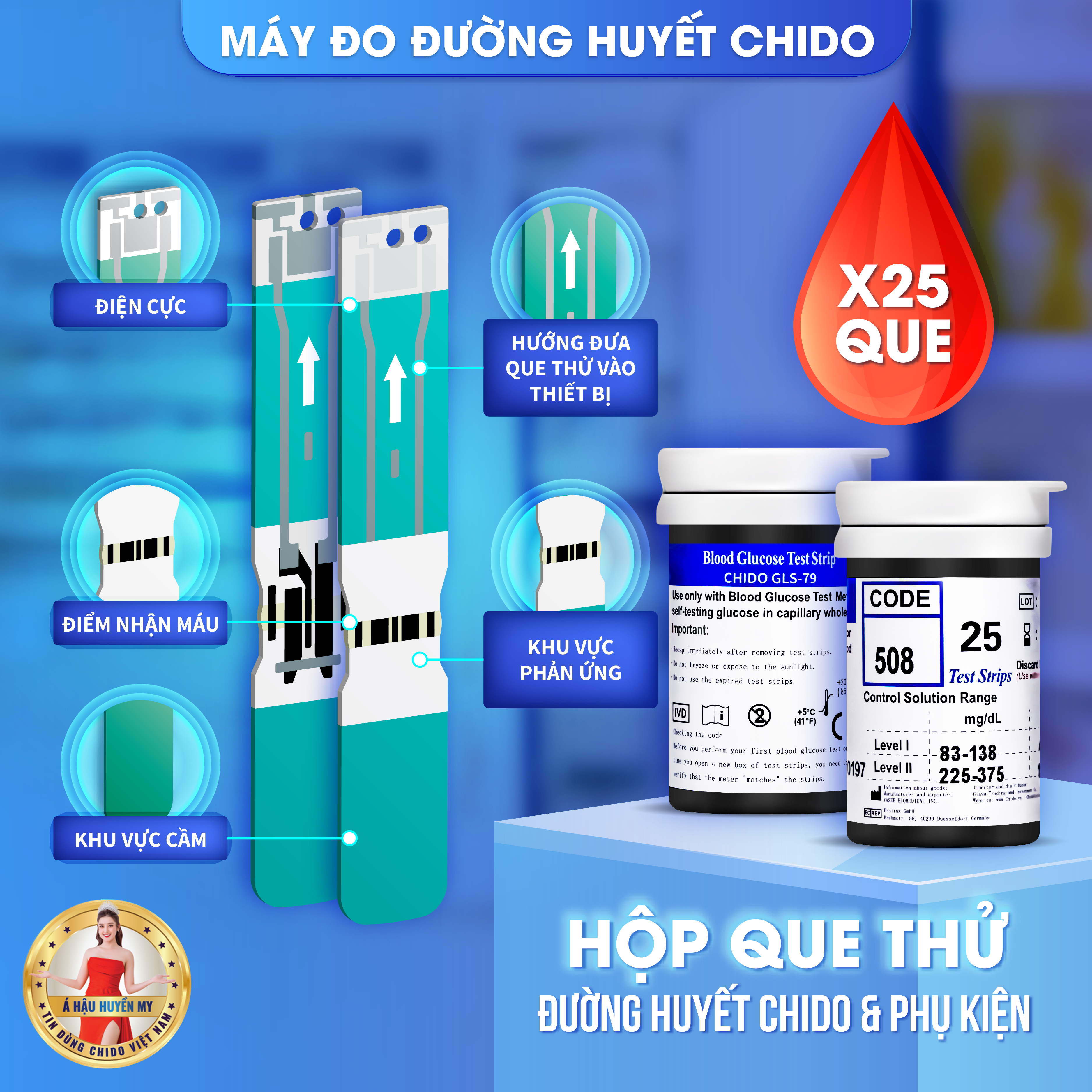 Máy đo đường huyết test thử tiểu đường Chido công nghệ Nhật Bản độ chính xác cao-Hàng chính hãng