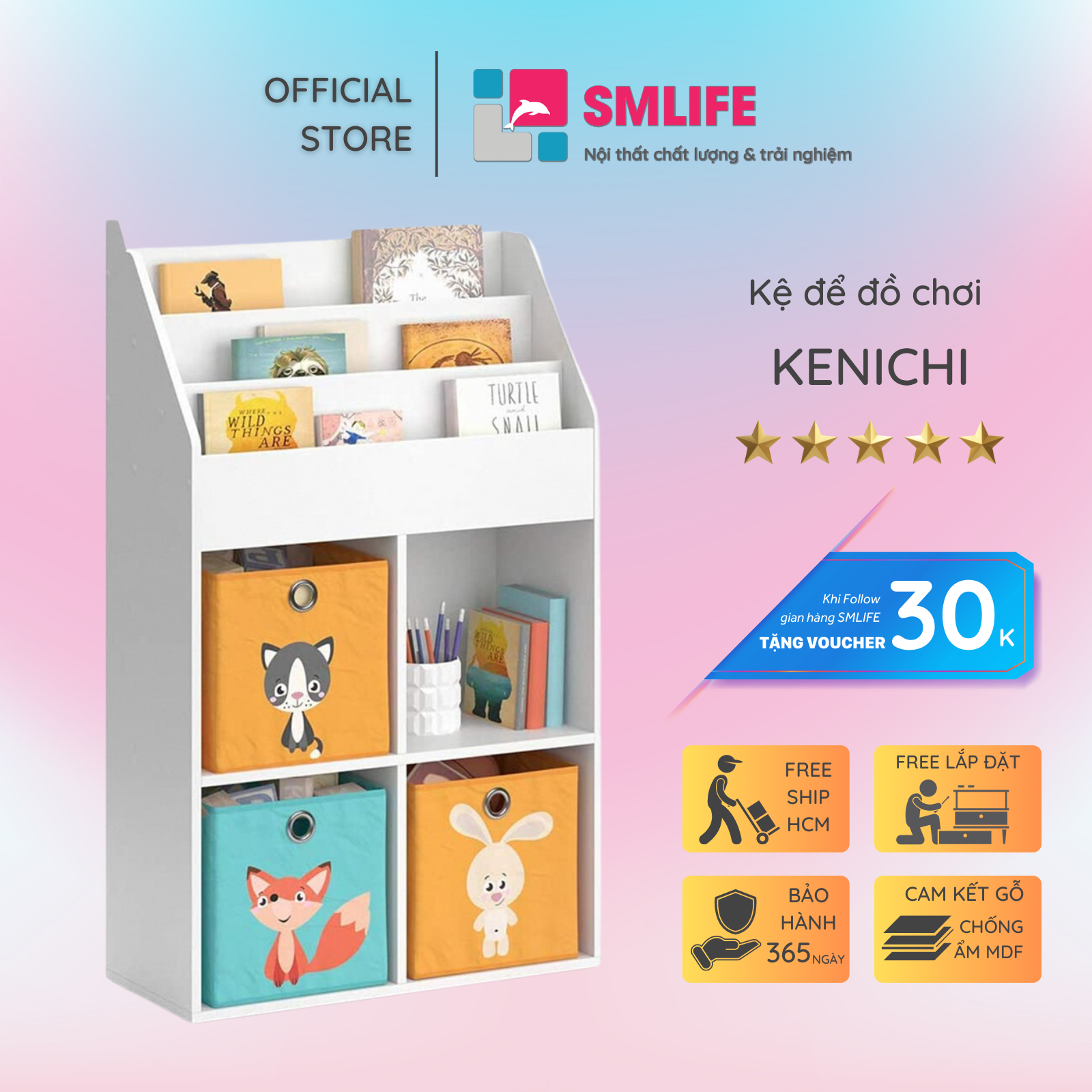 Kệ để đồ chơi cho bé SMLIFE Kenichi | Gỗ MDF dày 17mm chống ẩm | D72xR31xC114cm