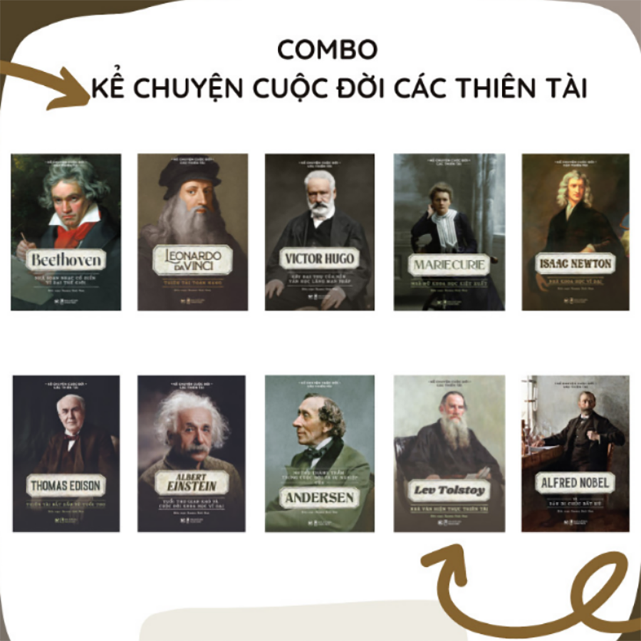 ComBo  Bộ: 10 Cuốn Sách  Kể Về Cuộc Đời Của Những Thiên Tài: Elbert Einstein + Thomas Edison+ Andersen+ Leonardo Da Vinci+ Marie Curie + Lev Tolstoy+ Isaac Newton+ Alfred Nobe+ Beethoven+ Victor Hugo