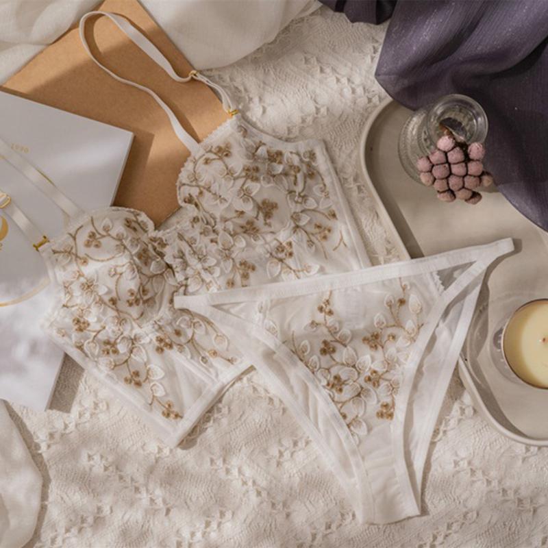 Áo Lót Nữ Thêu Hoa Áo Bralette Ren Mỏng Áo Ngực Và Quần Lót Bộ Sexy Màu Trắng Cổ Tích Rộng Ngực Điều Chỉnh Quần Lót