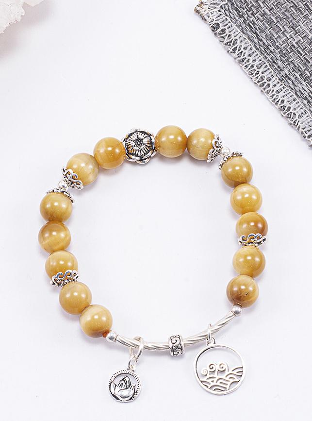 Vòng Tay Phong Thủy Nữ Đá Mắt Hổ Vàng Tâm Phối Charm Hoa Sen Bạc Mệnh Thổ, Kim Ngọc Quý Gemstones