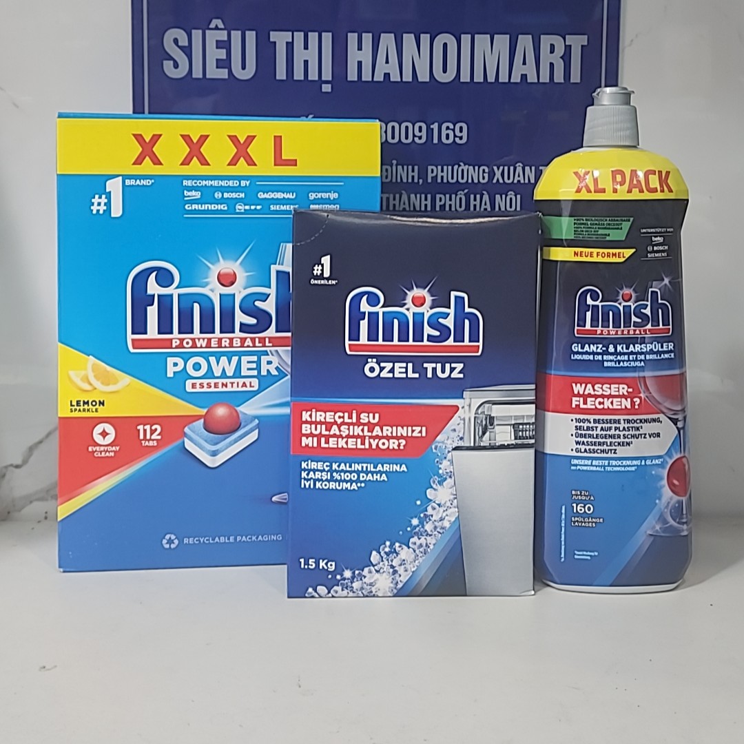 Combo Viên Rửa Bát All In 1,100 viên + Nước Làm Bóng Finish 800ml + Muối Rửa Bát Finish 1.5kg, Nhập Đức Chính Hãng