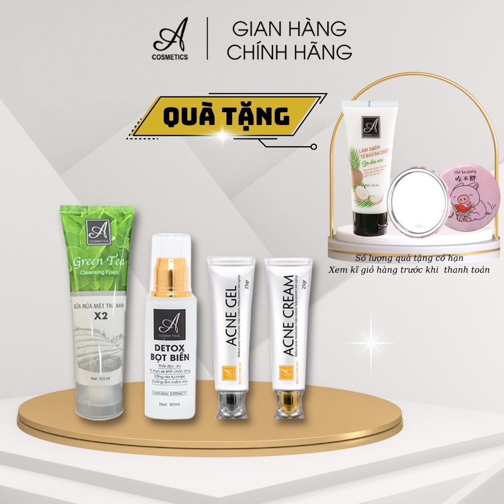 Bộ 3 Sp ngăn ngừa mụn Acosmetics: Sữa rửa mặt trà xanh 120ml + Detox bọt biển 80ml và Kem ngừa mụn siêu tốc 50ml