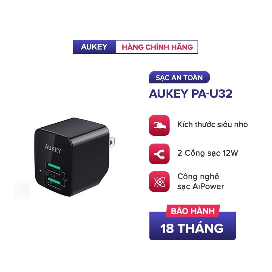 Adapter Sạc 2 Cổng 12W Aukey PA-U32 - Hàng Chính Hãng