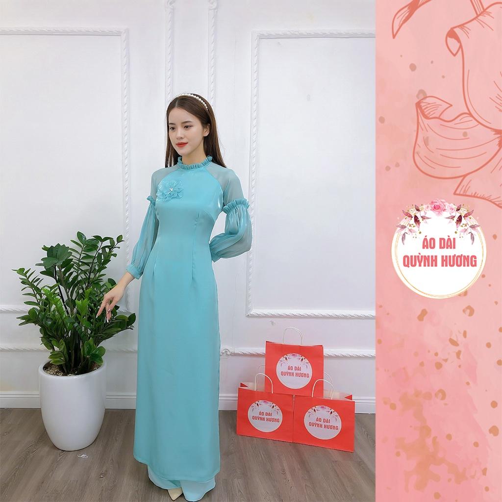 Áo dài xanh voan tơ Tay chun bồng cách điệu