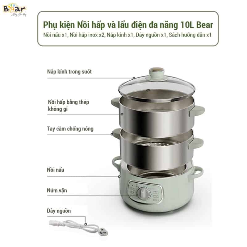 Nồi Hấp Và Nấu Lẫu Điện Đa Năng BEAR DZG-D80G5 - Dung tích 10 L - Hàng Chính Hãng