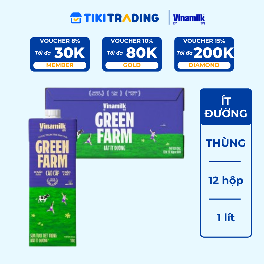 Thùng 12 Hộp Sữa tươi Vinamilk Green Farm rất ít đường 1L