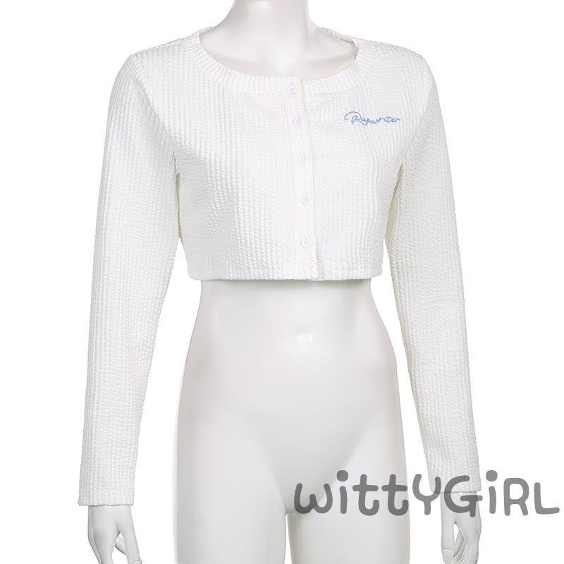 Áo croptop dệt kim tay dài thêu chữ phối nút thời trang cho nữ