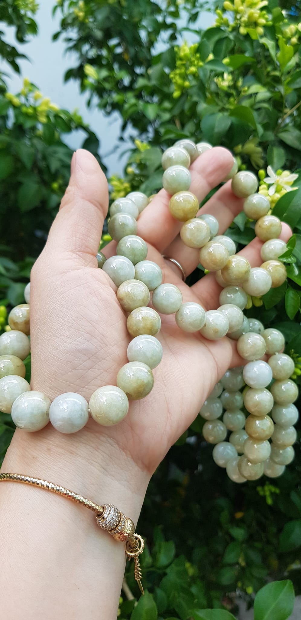 Vòng tay chuỗi nam nữ đá cẩm thạch tự nhiên trắng vàng bóng ngời Vòng size hạt 13mm Màu trắng vàng đất nhẹ bóng mượt thiệt đẹp ạ