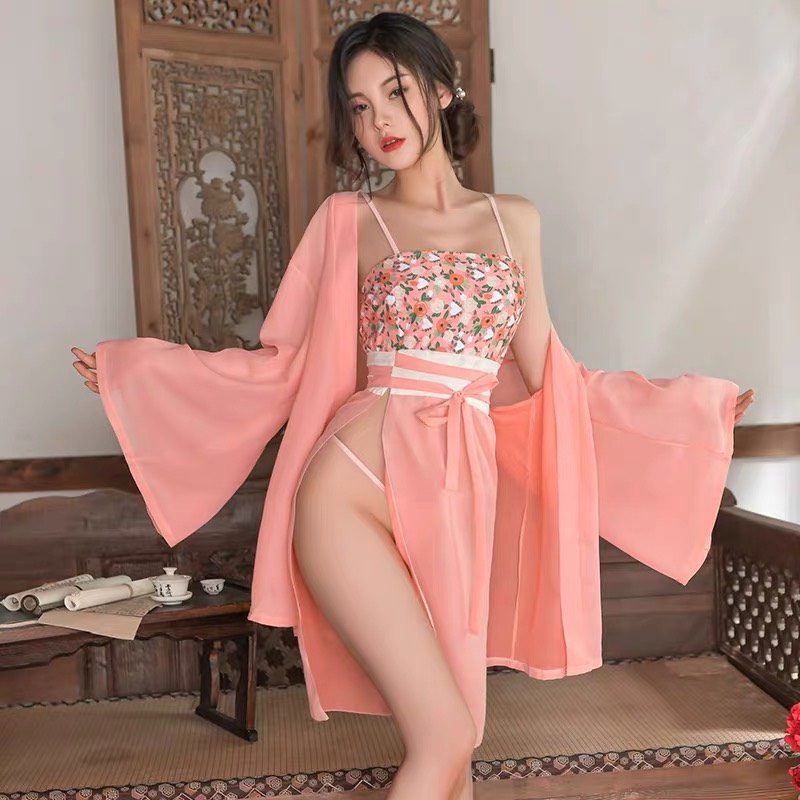 Váy ngủ cổ trang áo choàng phối áo croptop quần váy sexy P76 - Đầm ngủ cổ trang gợi cảm - Đồ ngủ nữ sexy