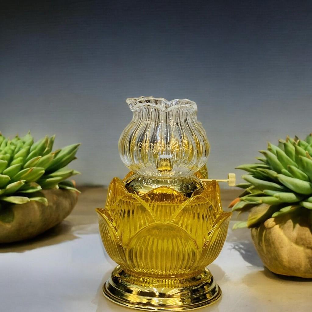 Đèn dầu hoa sen pha lê RỒNG VIỆT, Đèn lưu ly sang trọng có hai màu vàng trắng chân đồng - Vàng
