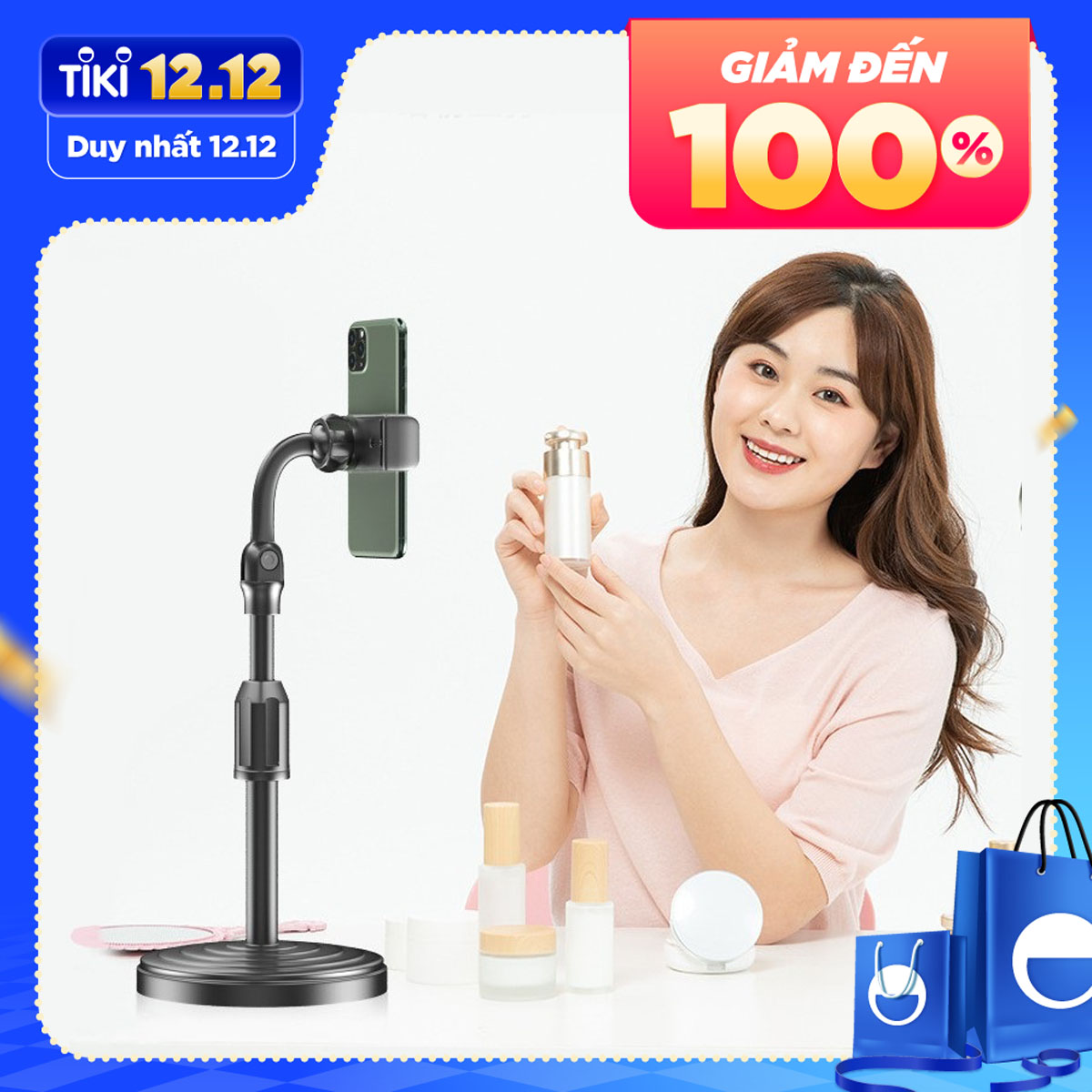 Giá đỡ điện thoại để bàn livestream, xem video ổn định, xoay 360 độ, quay phim, ghi hình tại nhà (kẹp được 1 điện thoại)