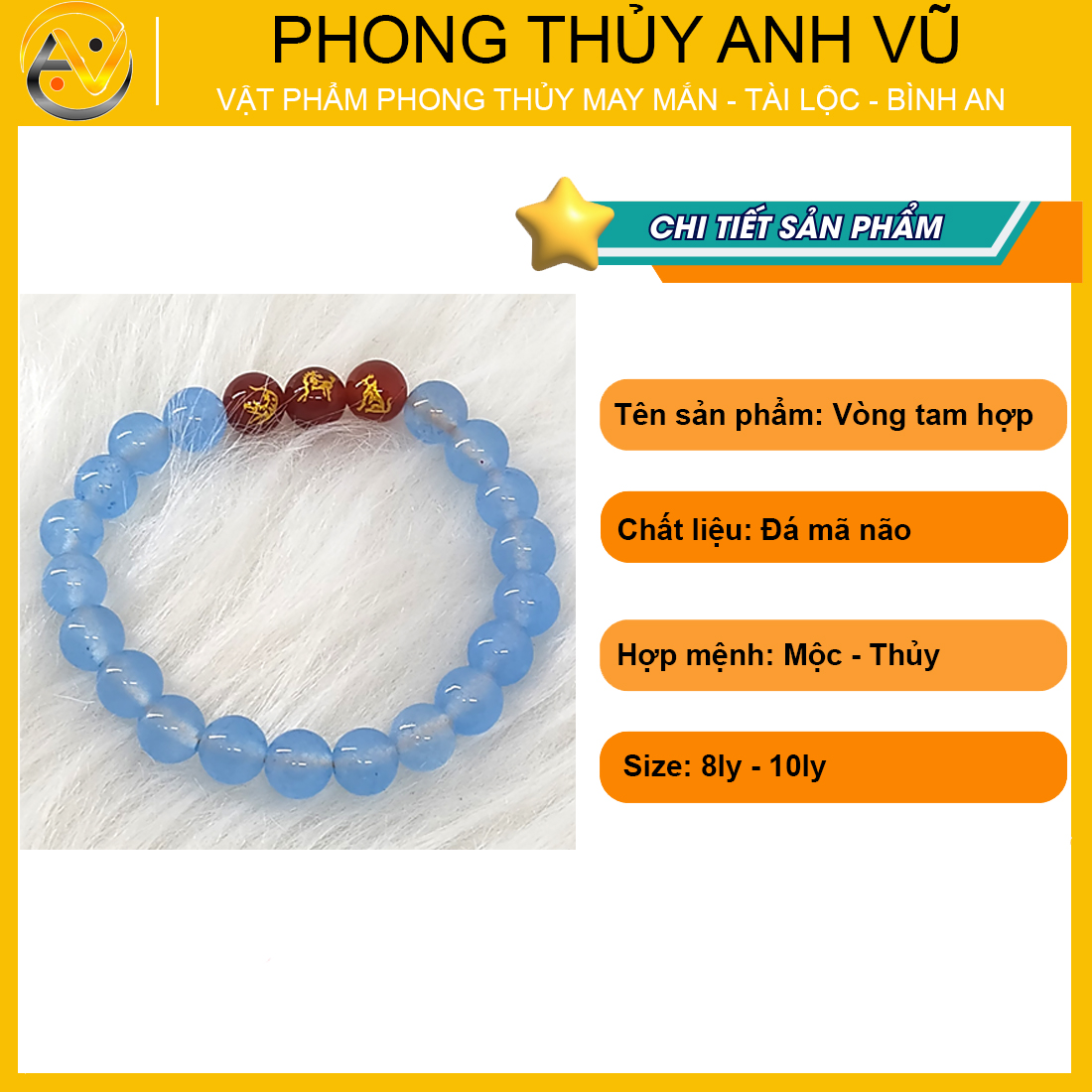 Vòng tay đá mã não tam hợp dần ngọ tuất - size 8 10ly cho nữ mệnh thủy, mệnh mộc - có khai quang điểm nhãn may mắn tài lộc - bảo hành 12 tháng - PHONG THỦY ANH VŨ
