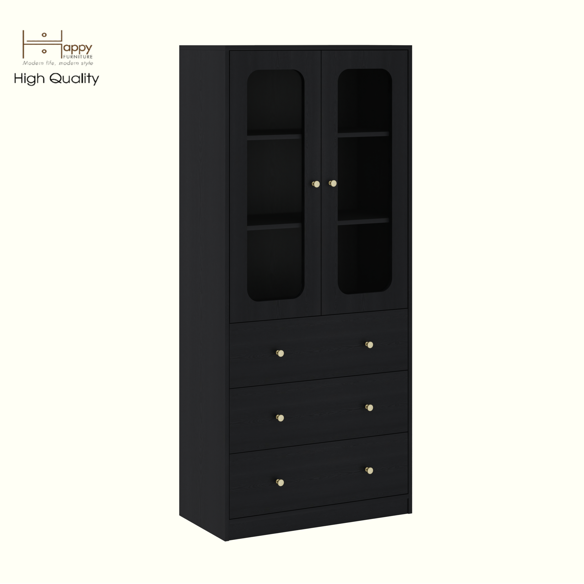 HAPPY FURNITURE , Tủ lưu trữ 2 cửa kính 3 ngăn kéo - NOAH , TCM_270 , 80cm x 40cm x 180cm DxRxC