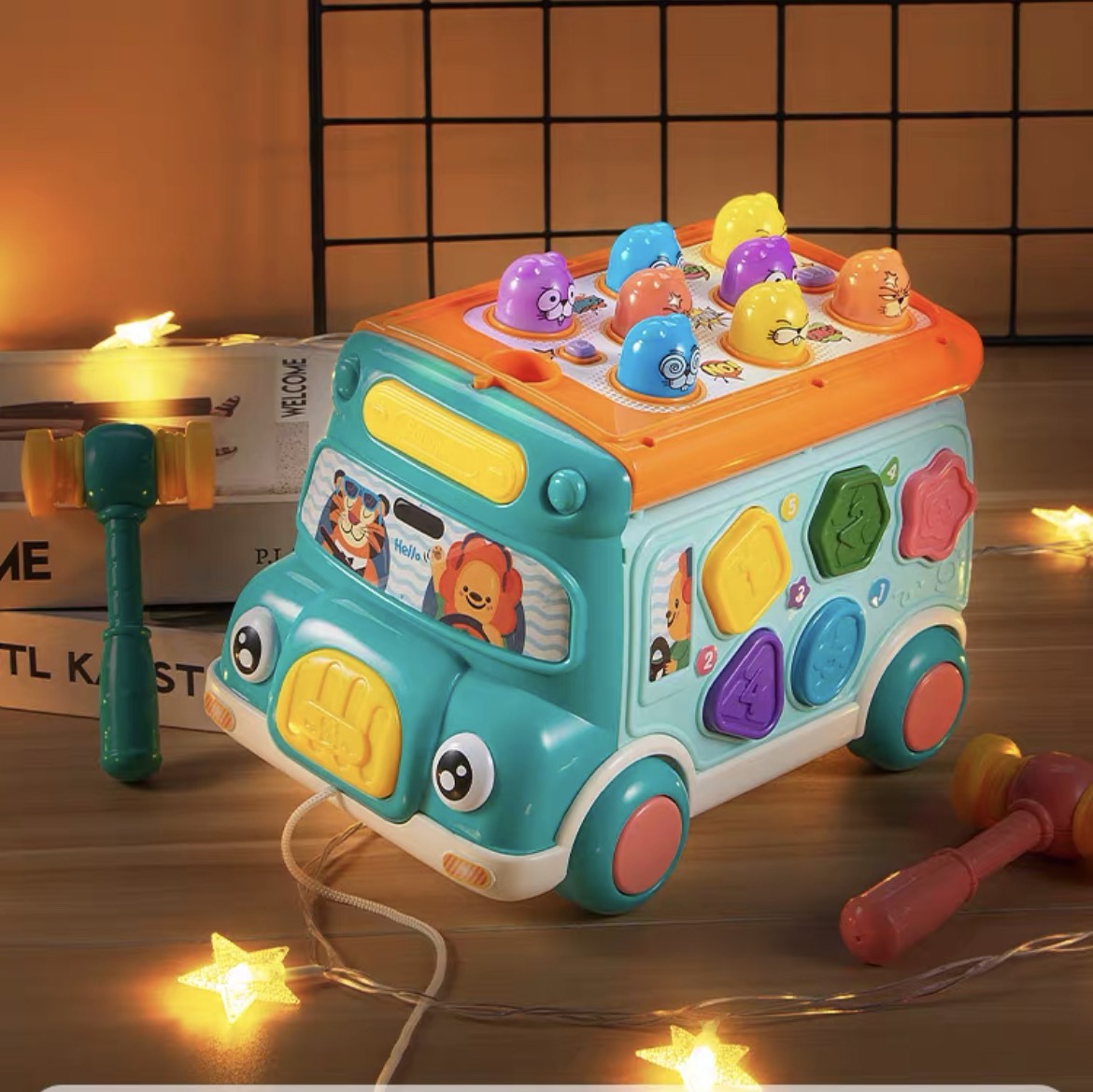 Đồ chơi xe bus đa năng 7in1 có đèn phát nhạc piano, trống, đập chuột - Đồ chơi giáo dục sớm cho bé từ 3 tháng tuổi