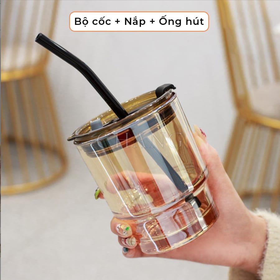 Cốc Uống Nước Có Ống Hút, Ly Thuỷ Tinh Vỏ Da Có Nắp Và Ống Hút Dung Tích 420ML Và 450Ml Chịu Nhiệt -10 độ C đến 110 độ C