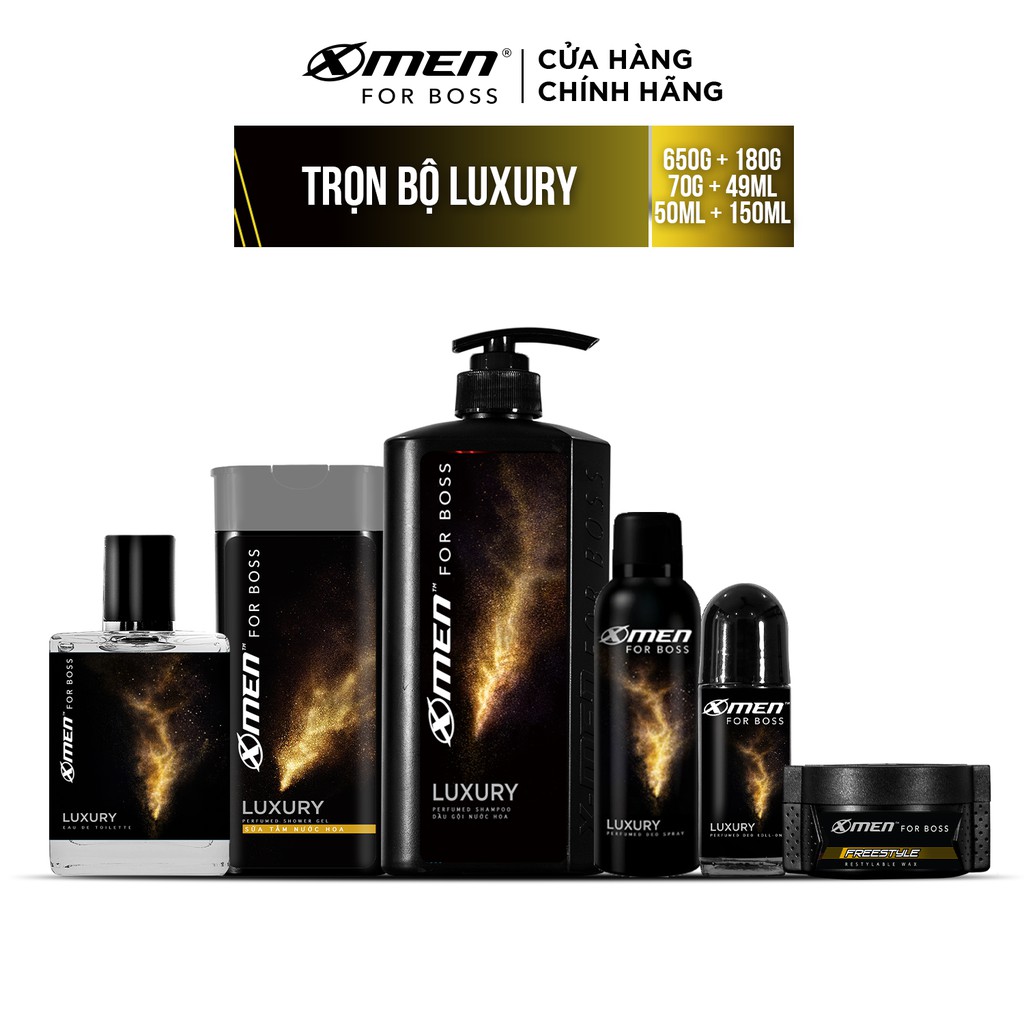 Combo X-Men For Boss trọn bộ mùi hương Luxury (49ml + 650g + 150ml + 70g + 50ml + 180g)