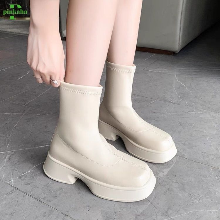 Bốt Nữ Đế Bánh Mì Boots Da Mềm Lót Nỉ Khóa Sau Cao Cấp Boot Mũi Tròn Thời Trang Đế Độn PINKAHA-GB20