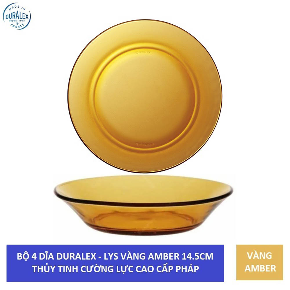 Bộ 4 dĩa D3016D Duralex - Lys hổ phách Amber 14.5cm Thủy tinh cường lực cao cấp Pháp