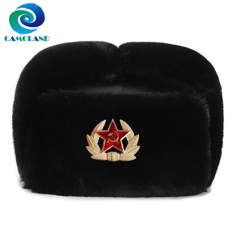 CAMOLAND Chất Lượng Cao Ấm Lông Thú Giả Máy Bay Ném Bom Nón Nam Nữ Liên Xô Huy Hiệu Nga Ushanka Phi Công Mũ Chống Gió Earflap Nắp Trượt Tuyết mũ Lưỡi Trai