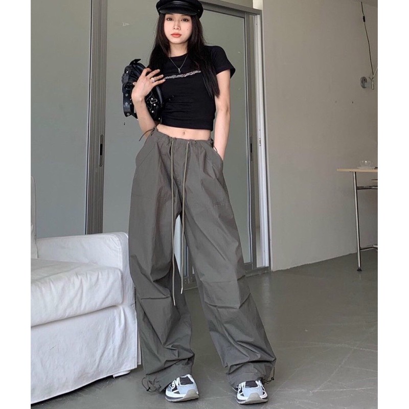 SET QUẦN DÀI ỐNG RỘNG LƯNG CAO DÂY RÚT XÁM TRƠN + ÁO CROPTOP TAY NGẮN ÔM BODY ĐEN THỂ THAO ĐI BIỂN DẠO PHỐ ĐI CHƠI ĐI TIỆC