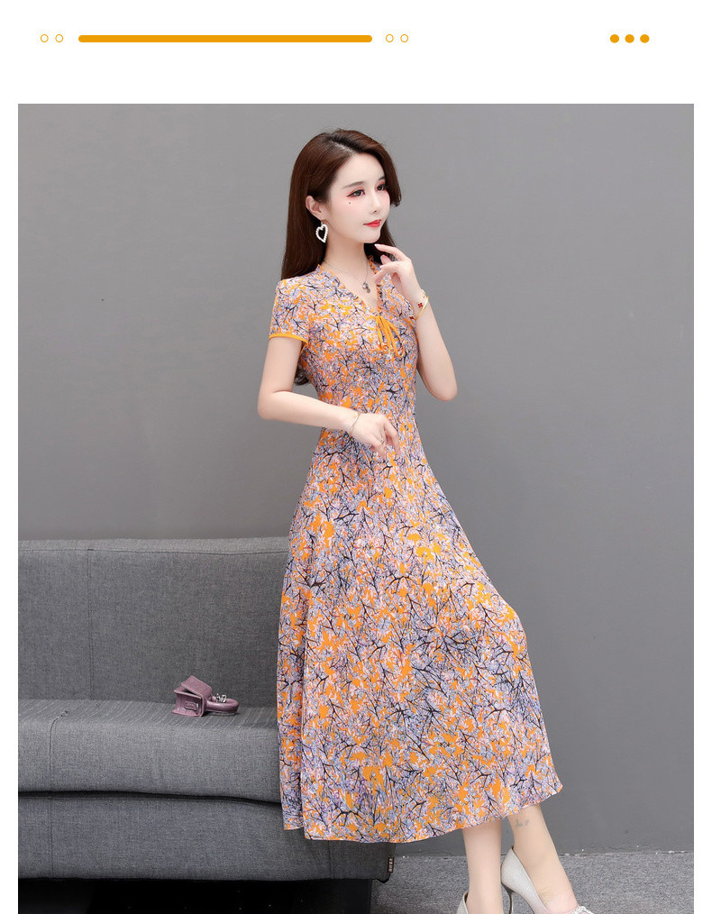 Đầm Xoè In 3D Hoa Lá Vàng Sắc Xuân Dáng Dài Vintage Cao Cấp