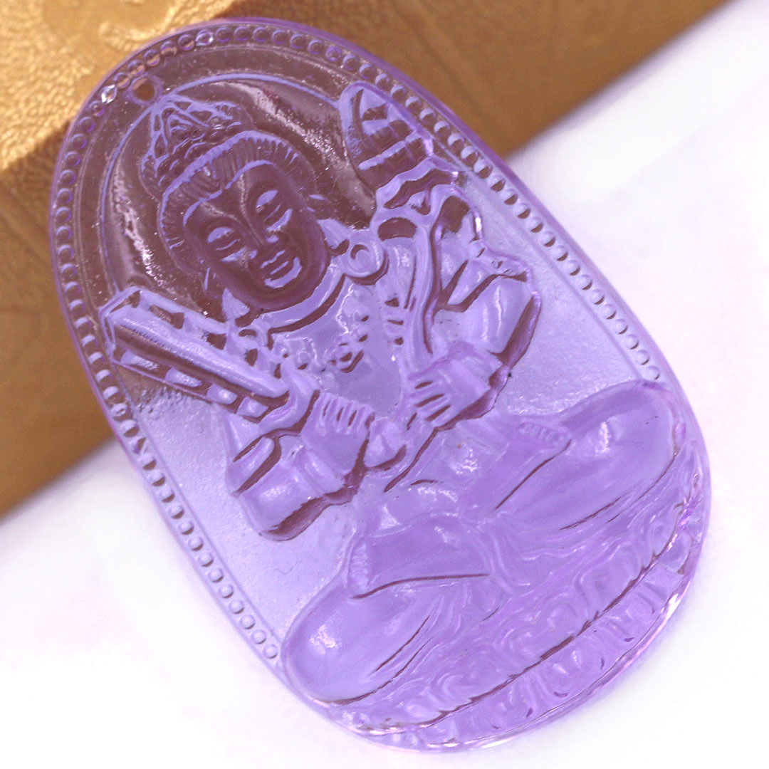 Mặt Phật Hư không tạng 5 cm  pha lê tím kèm móc và dây chuyền inox, Mặt Phật bản mệnh