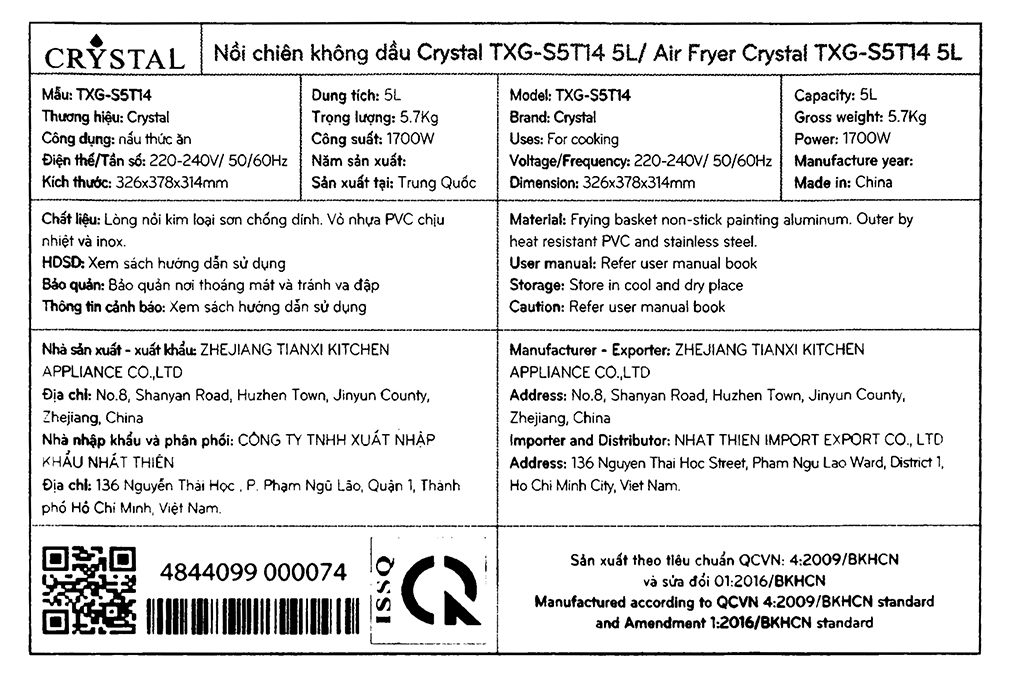 Nồi chiên không dầu Crystal TXG-S5T14 5 lít - Hàng chính hãng