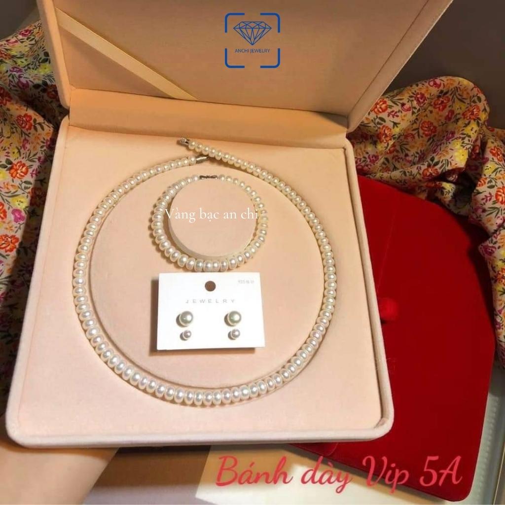 Bộ trang sức trai thật 8ly gồm vòng tay - vòng cổ chocker - bông tai, khóa chốt chất liệu bạc. Trang sức Anchi