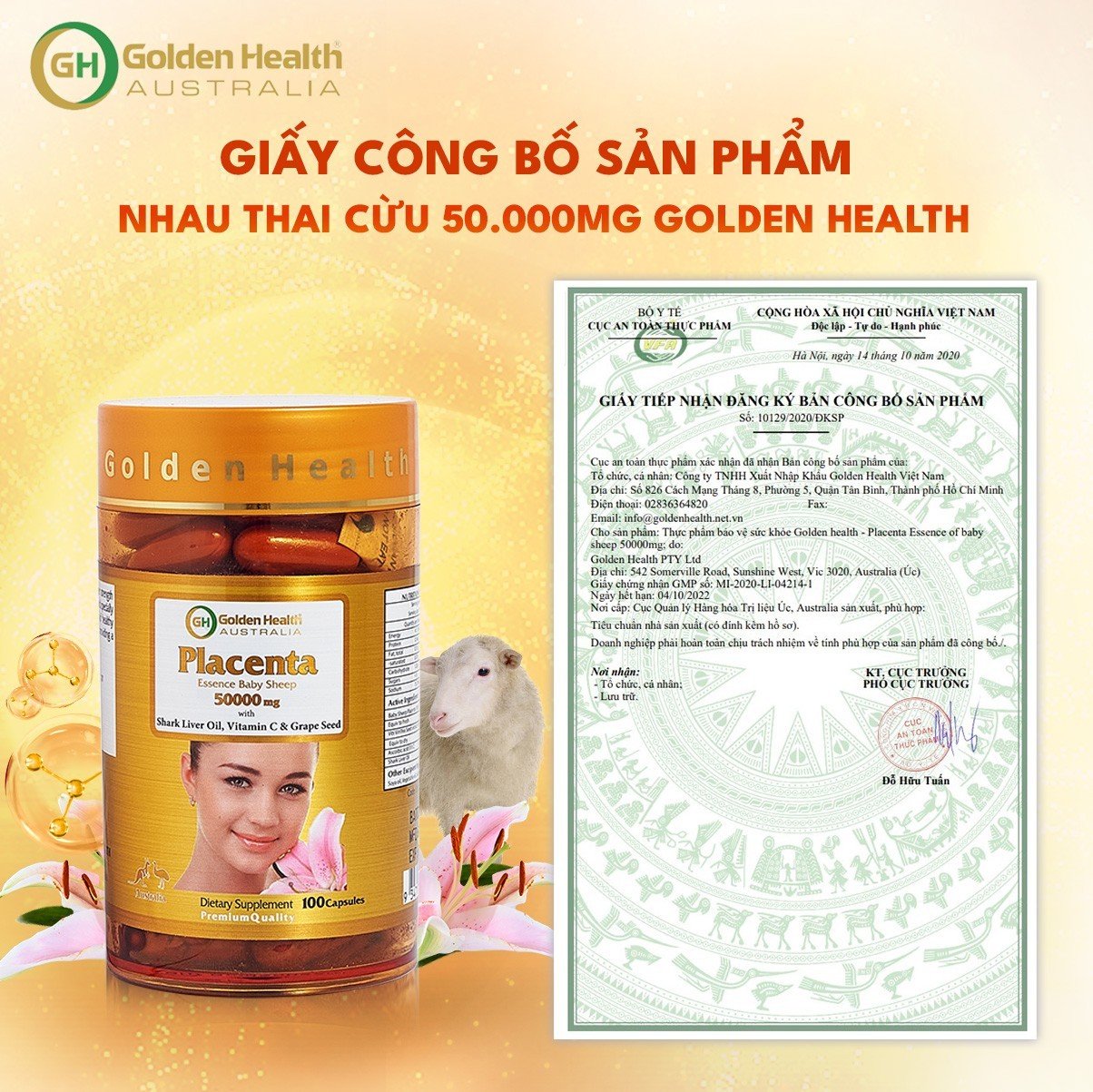 Viên Uống Nhau Thai Cừu Golden Health Placenta 50.000mg Giúp Làm Mờ Thâm, Nám,Tàn Nhang,Giúp Chống oxy Hoá Và Chống Lão Hoá Da