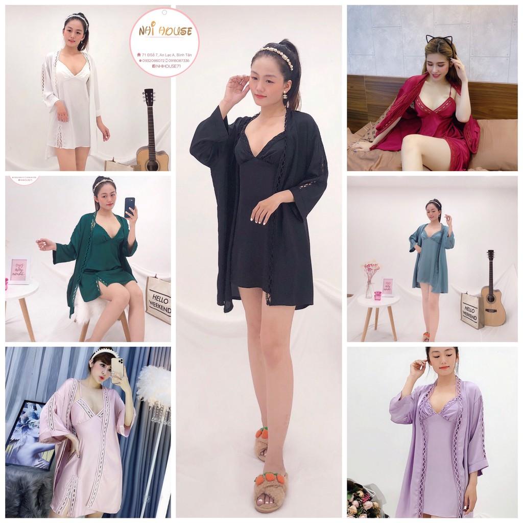 BỘ KIỂU ĐẦM NGỦ KHOÁC ÁO NHIHOUSE71 ĐẦM 2 DÂY ÁO KHOÁC DÀI TAY PHỐI REN KIỂU QUÝ PHÁI FREESIZE DƯỚI 55KG