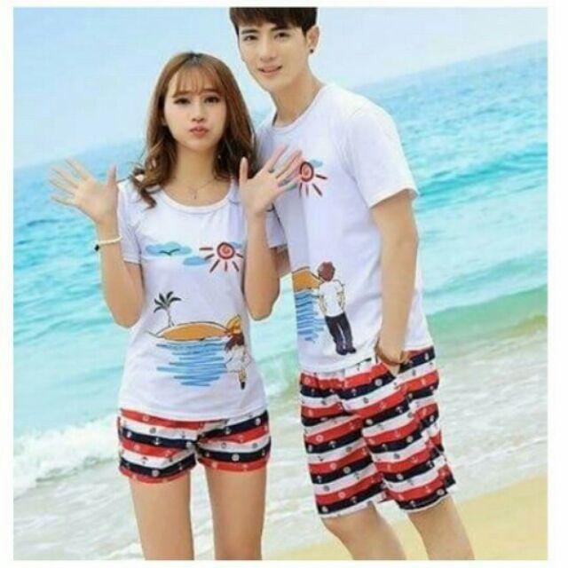 Đồ Đôi đi biển quần vải dù áo thun cotton in họa tiết xinh xắn
