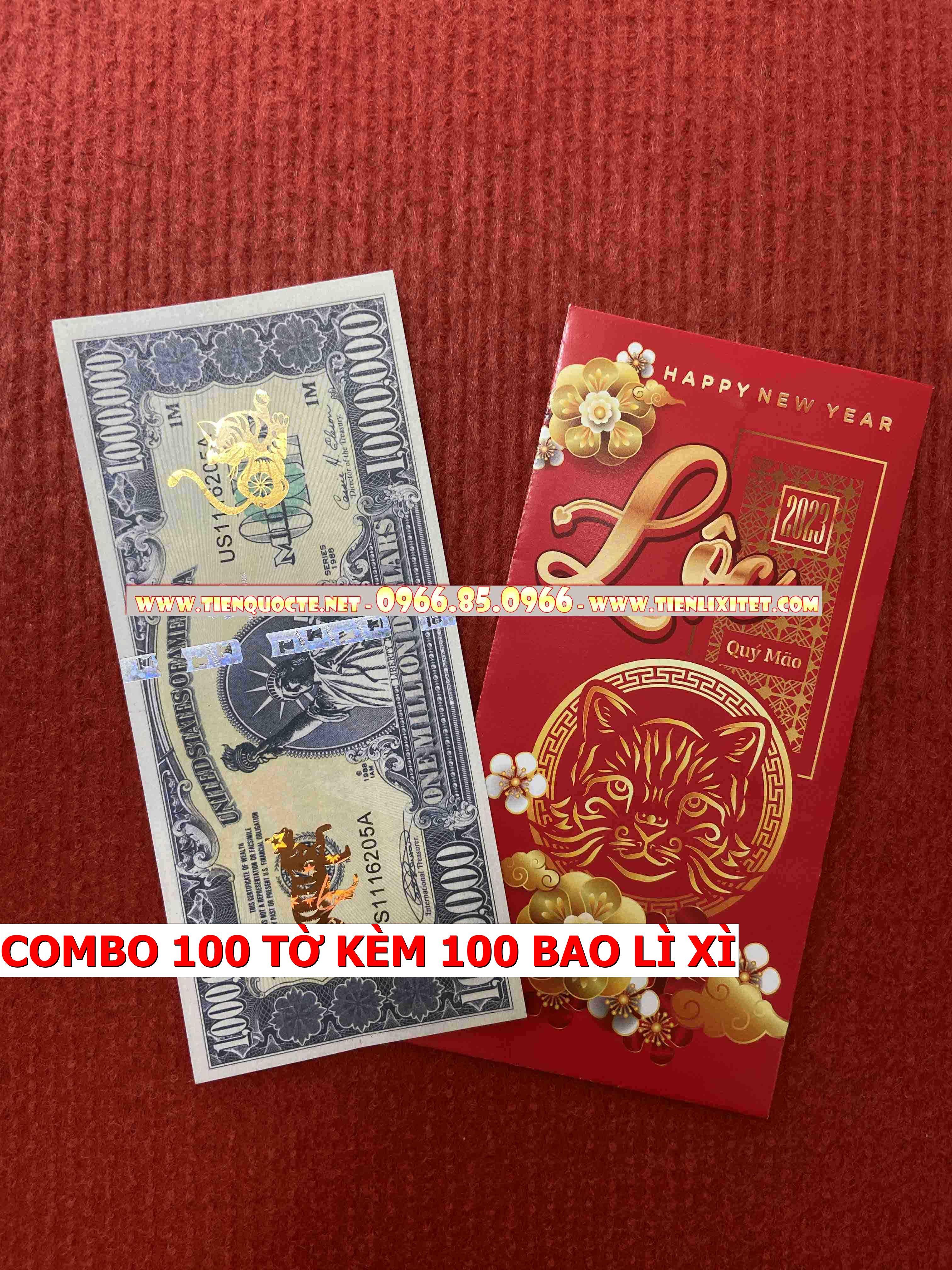 Cặp 100 tấm Lì xì tiền 2023 Tiền 1 Triệu Con mèo May Mắn Quý Mão, tặng kèm bao đỏ tài lộc 2023 CQTLNLGD02342